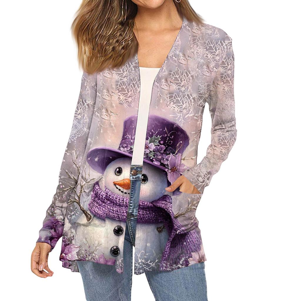 Women's Fashion Christmas Print Long-Sleeved Pocketed Slim-Fit Cardigan Coat