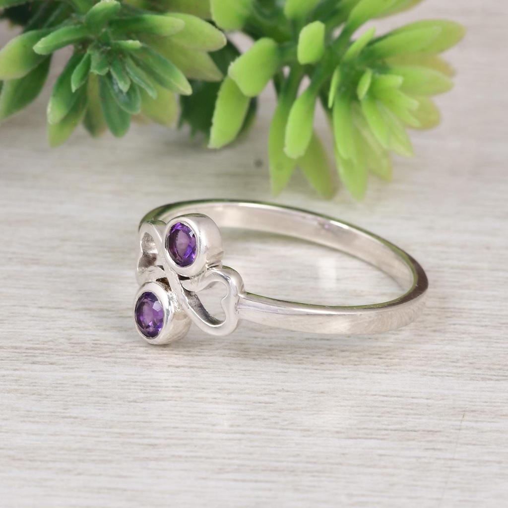Natural Amethyst Double Stone Ring  | 925 Sterling Silver Minimalist Ring | February Birthstone Ring | Dainty Gemstone Ring | Gift for Her