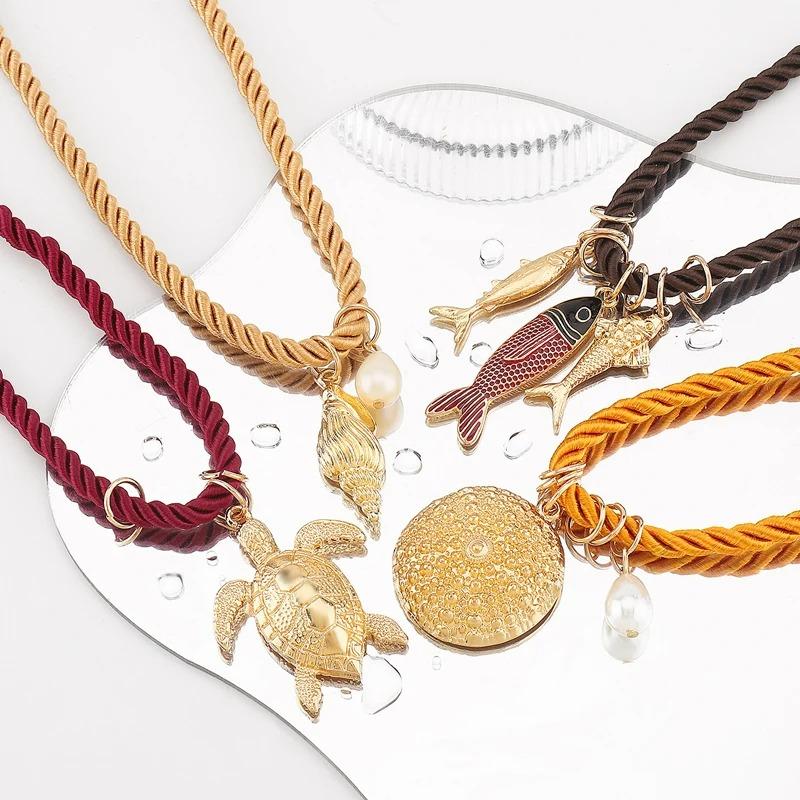 Conch Turtle Shell Fish Necklace Ocean Style Hand-Woven Pendant Necklace Summer Couple Colorful Rope Exquisite Trend Accessories