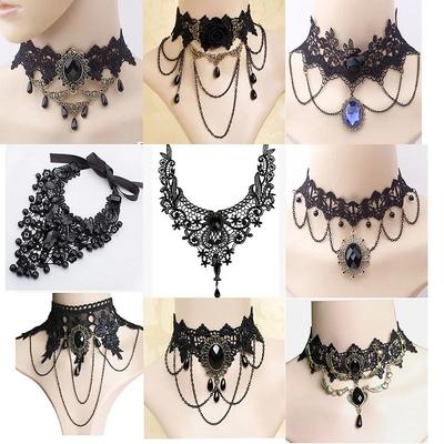 Gothic Victorian Black Lace Necklace Women Girl Boho Crystal Tassel Sexy Lace Choker Dark Loli Style Holiday Party Girl Jewelry