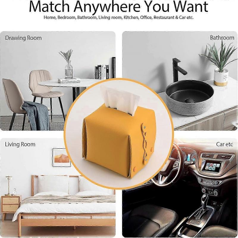 Leather Tissue Box Holder Rectangular Square, Tissue Box Cover Dispenser (Yellow)