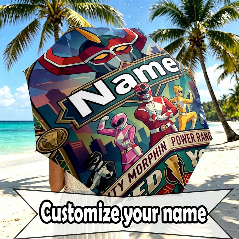 Custom Name Personalized Power Rangers Print Umbrella, Auto Open Close, 8‑Rib Sturdy Frame, Commute Camping Hiking Use, Birthday Gift