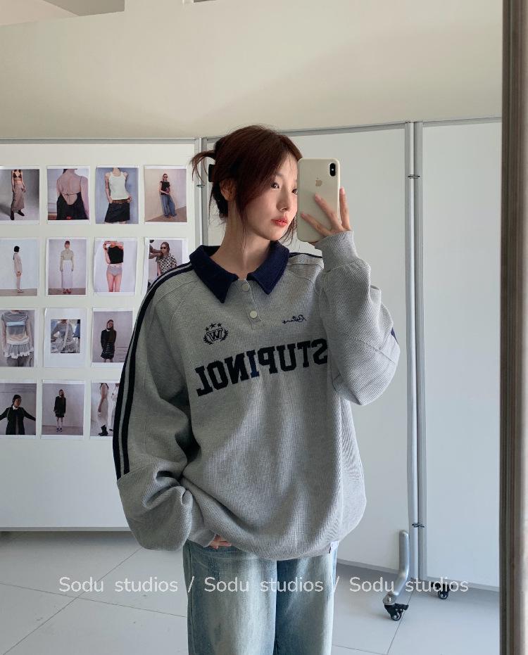 American Retro Color Block Polo Sweatshirt - Casual Loose Fit