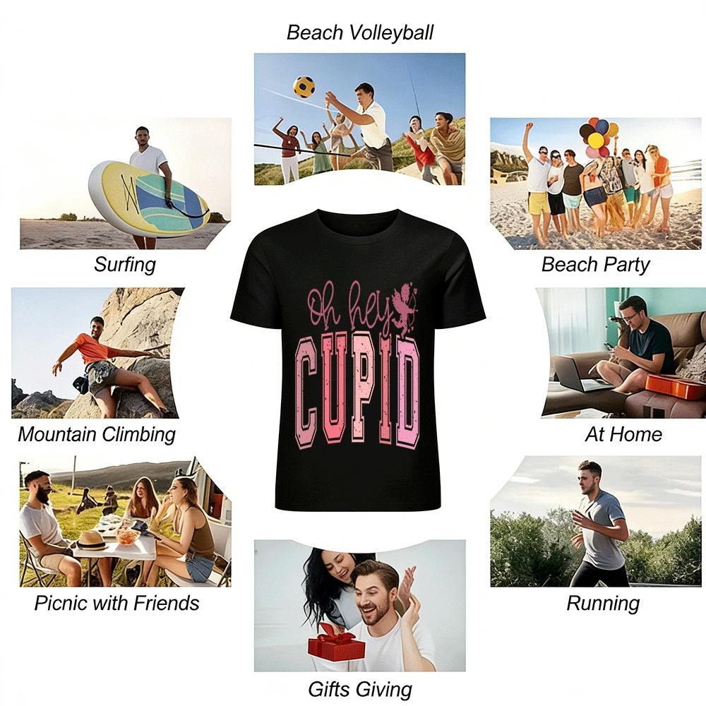 Oh Hey Cupid Valentine's Day Distressed Letter Print Casual Top Pure Cotton T-shirt