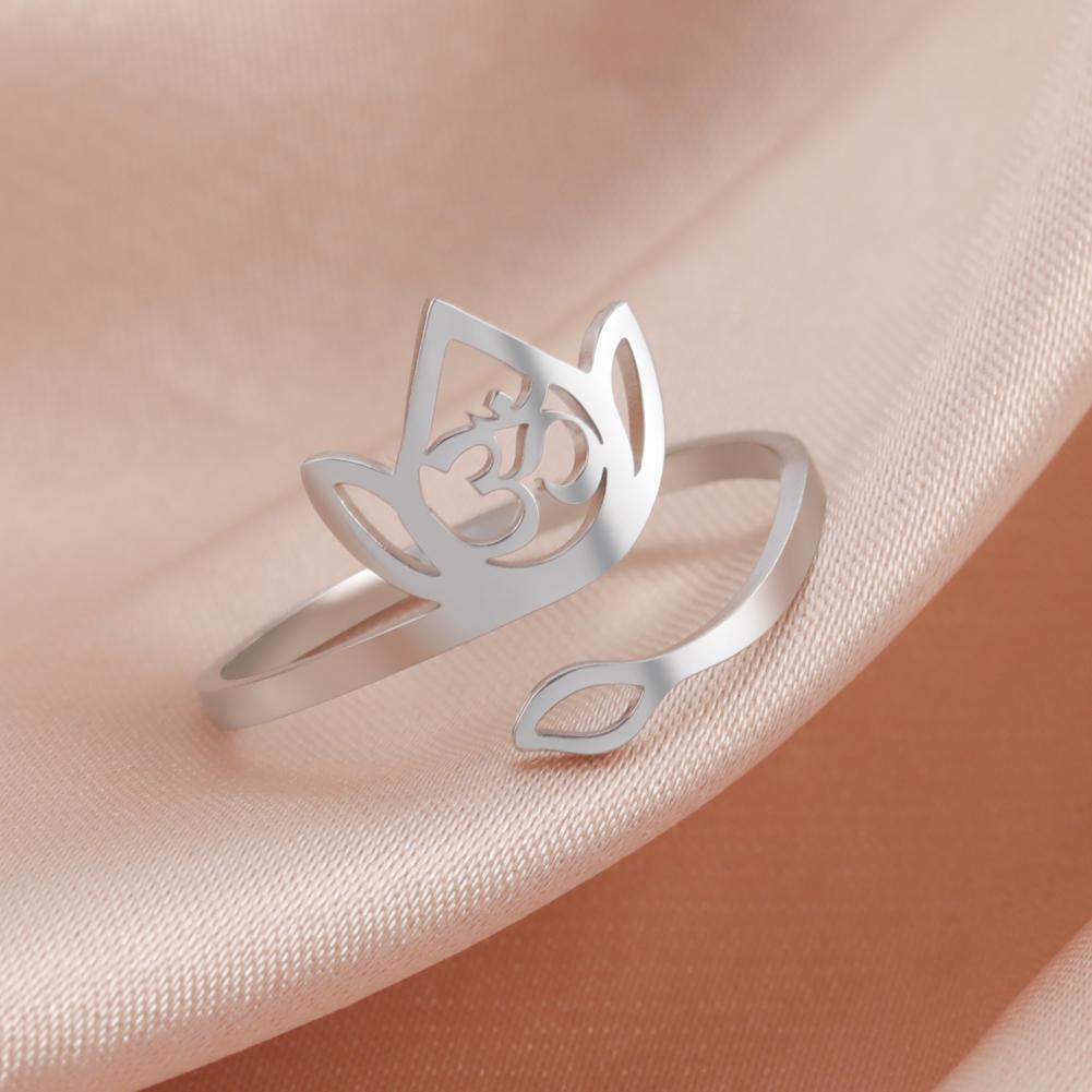 Stainless Steel Lotus Flower Rings Silver Color Yoga Buddha Adjustable Ring Om Symbol Amulet Vintage Jewelry New Year Gifts
