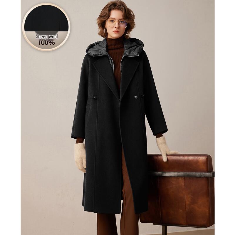 

Bailuyu Women s Winter Faux Two-Piece 100% Wool Double-faced Coat with Detachable Hood L