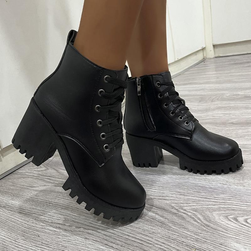 Large Size Martin Boots Women's Spring New Solid Color Round Head Platform Fashion Trend Martin Boots