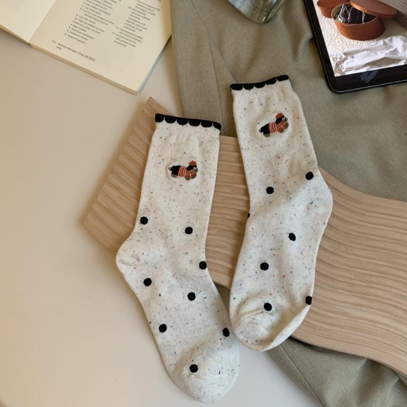 Women's Spring and Summer Versatile Casual Cartoon Color Blocked Dachshund Embroidered Breathable Sports Mid Calf Socks