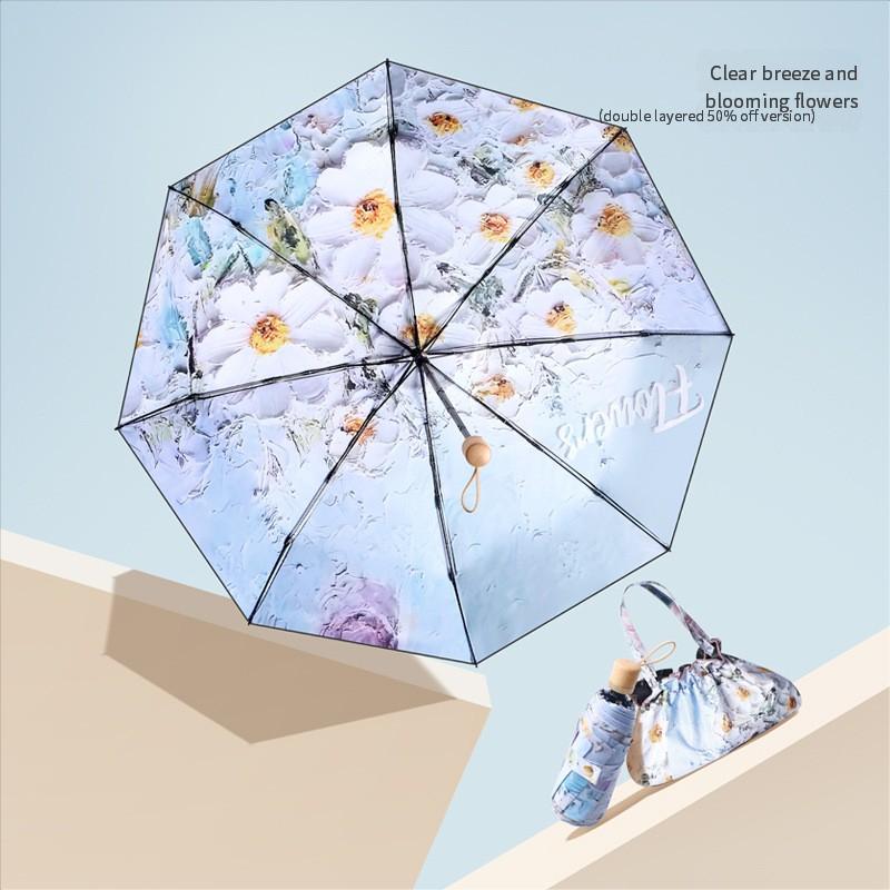 50% Fold 8-bone Double-layer Vinyl Double-flower Sun Umbrella Female Illustration Hand-painted Style Small and Convenient Sun Pr