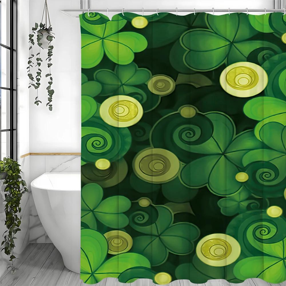 St. Patrick'S Day Clover Gold Coin Shower Curtain, Bathroom Decorative Shower Curtain, Waterproof Shower Curtain With Hooks