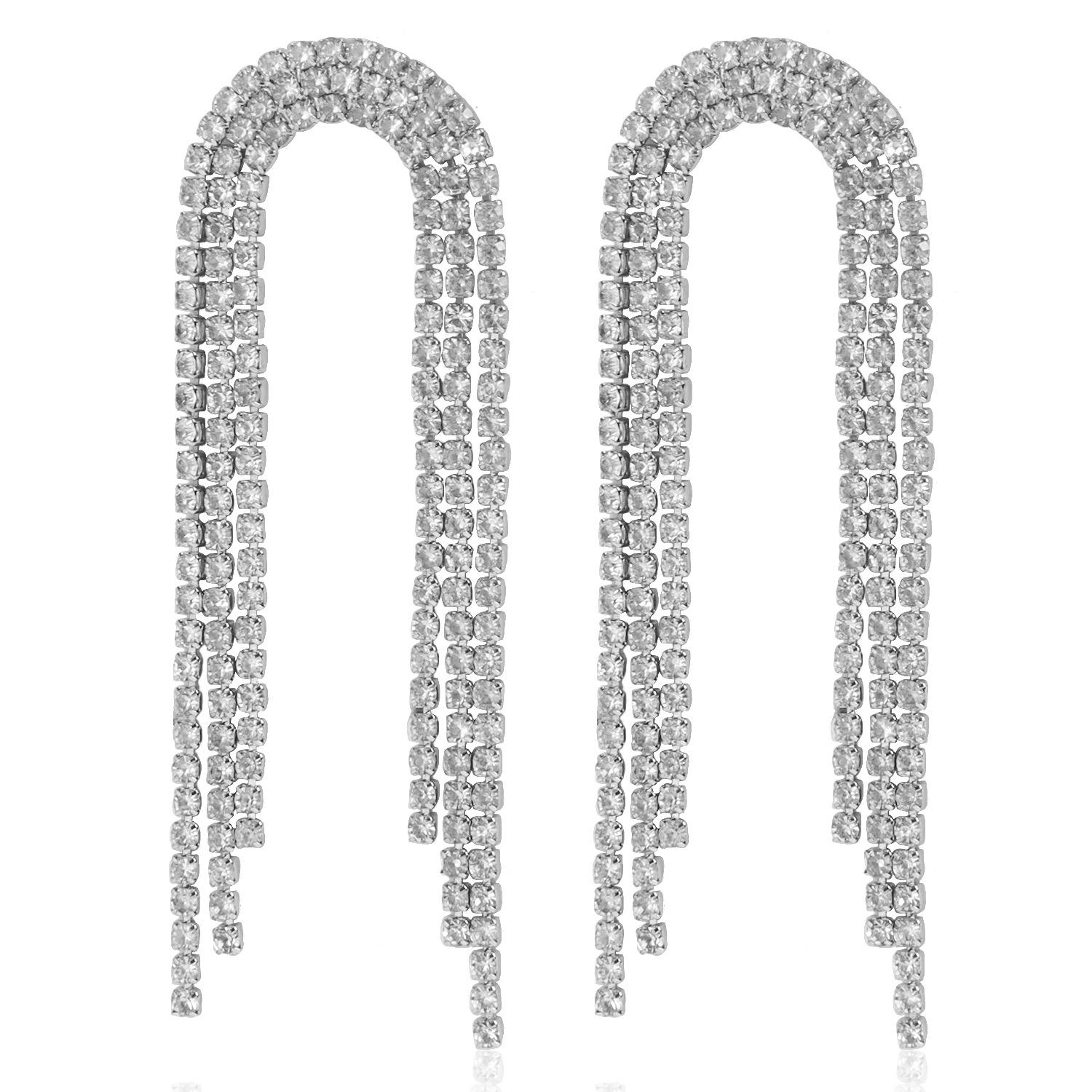 

European and American long temperament earrings, simple and versatile exaggerated rhinestone tassel earrings, sexy nightclub earrings