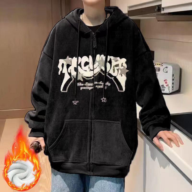 Women’s Vintage Star Corduroy Hooded Jacket - Trendy Loose Fit for Spring & Autumn