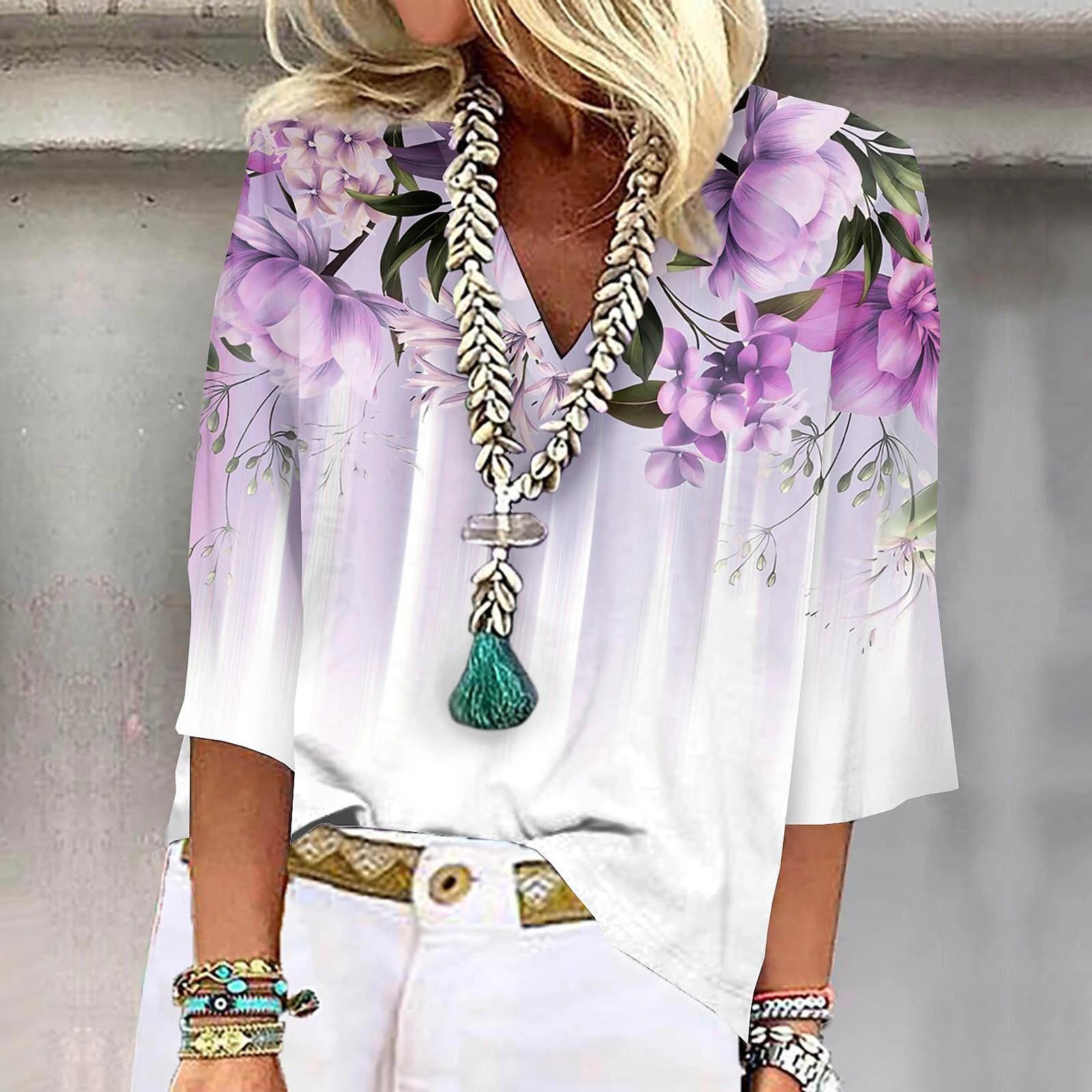 

Женская рубашка, блузка, повседневные свободные рубашки, рукава 3/4, топы с v-образным вырезом и принтом, топы с принтом, футболки, футболки XXL