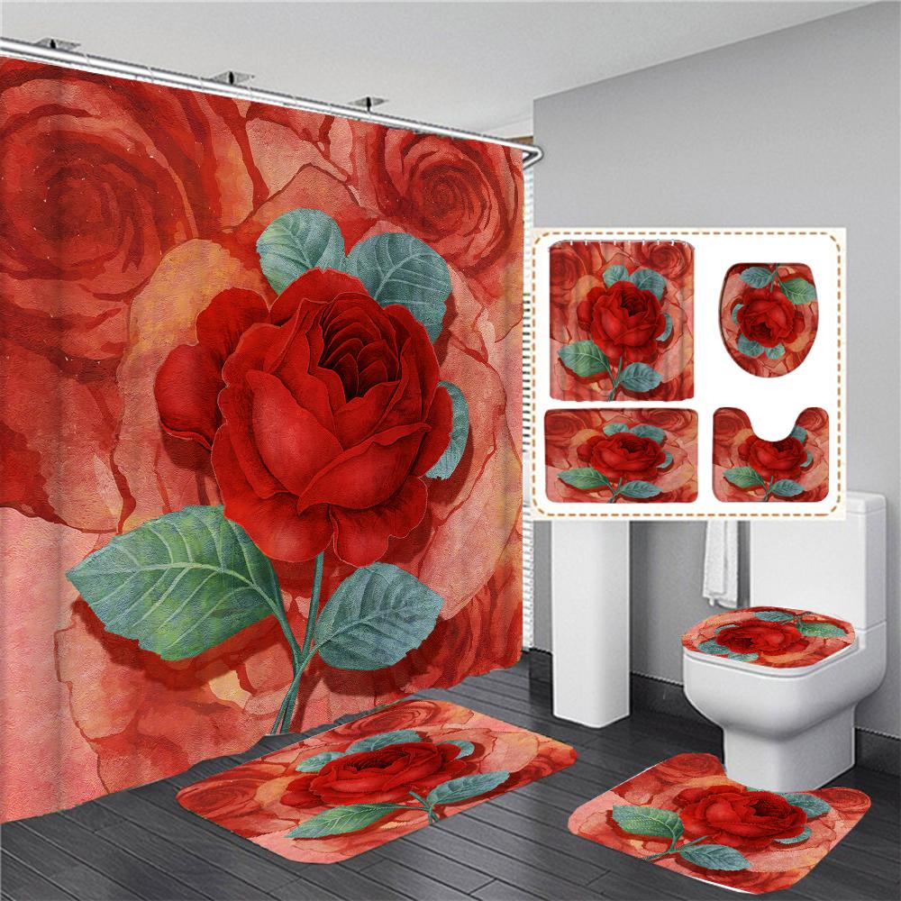Butterfly Red Roses And Flowers Print Shower Curtain Set Anti-Slip Rugs Toilet Lid Cover Bath Mat  Bathroom Curtains Decoration