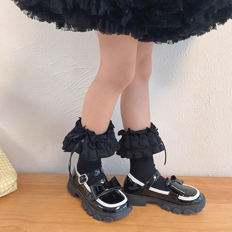 Breathable Cotton Hosiery Socks for Girls Toddler Stretchy Knee High Socks Puff Edge Lace Bows Socks for Autumn Spring