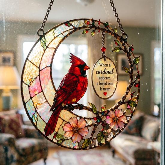 Red Bird Memorial Suncatcher Stained Glass Style Bird on Branch Window Hanging Decor Gift for Loss of Loved