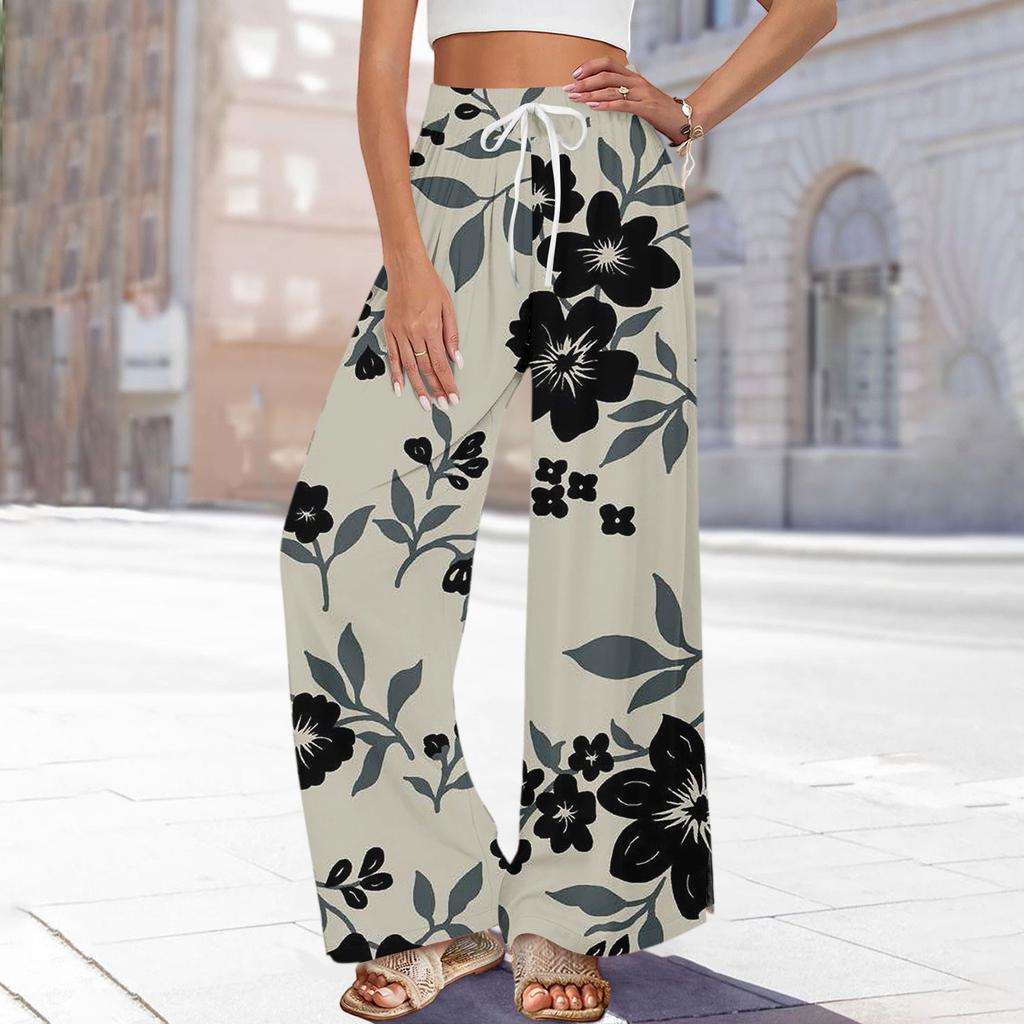 Women's Printed Wide Leg Pants With Pockets High Waist Drawstring Loose Casual Pants