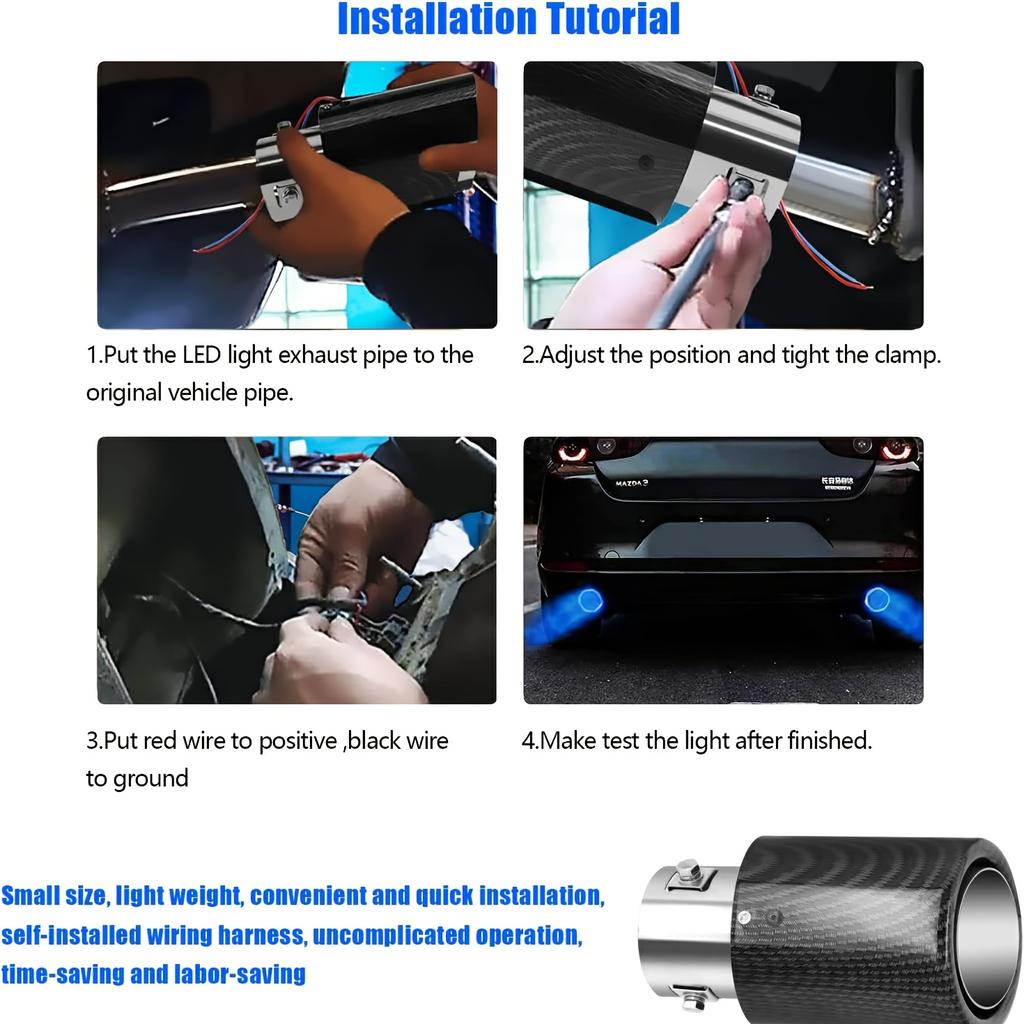 Țeavă de Eșapament cu LED pentru Mașină, Tip Muffler, Dreaptă, Lumină Roșie/Albastră, Flăcări, Modificată, Ieșire Unică, Țeavă de Eșapament, Gâtul Cozii