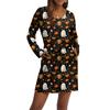 Women's Fashionable V-neck Long Sleeved Drawstring With Pocket Halloween Printed Casual Dress