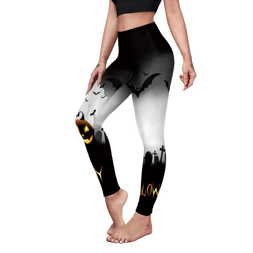

Wish Halloween pumpkin bat print elastic women s sports yoga pants peach hip elastic leggings S