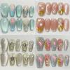10Pcs Kawaii Cat Eye Press On Nails Short Square Round With Flowers Pearl Rhinestone Wave Design Handmade False Nails