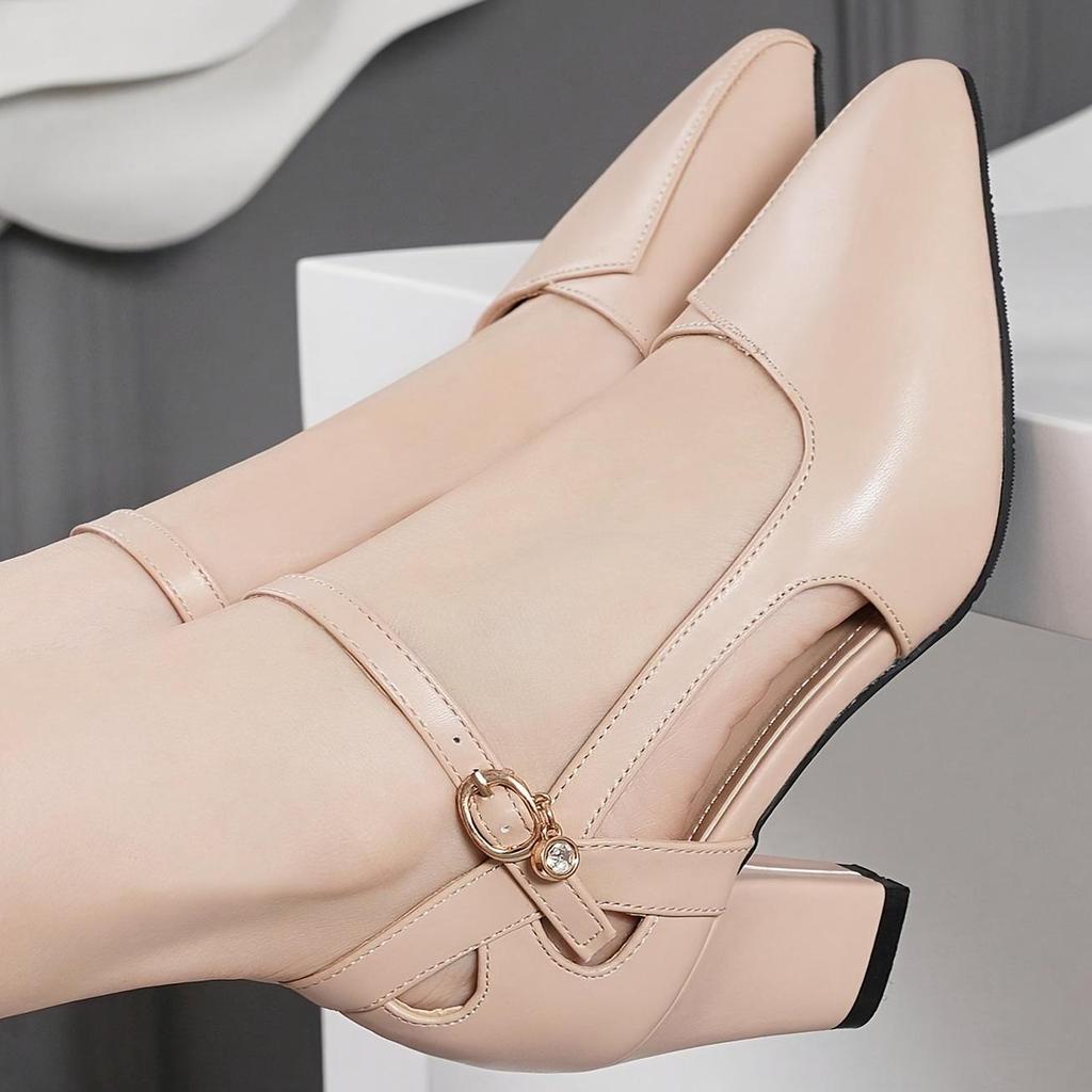 Elegant Chunky Heels - Women's Stylish Point Toe Dress Pumps with Fashion Buckle Strap