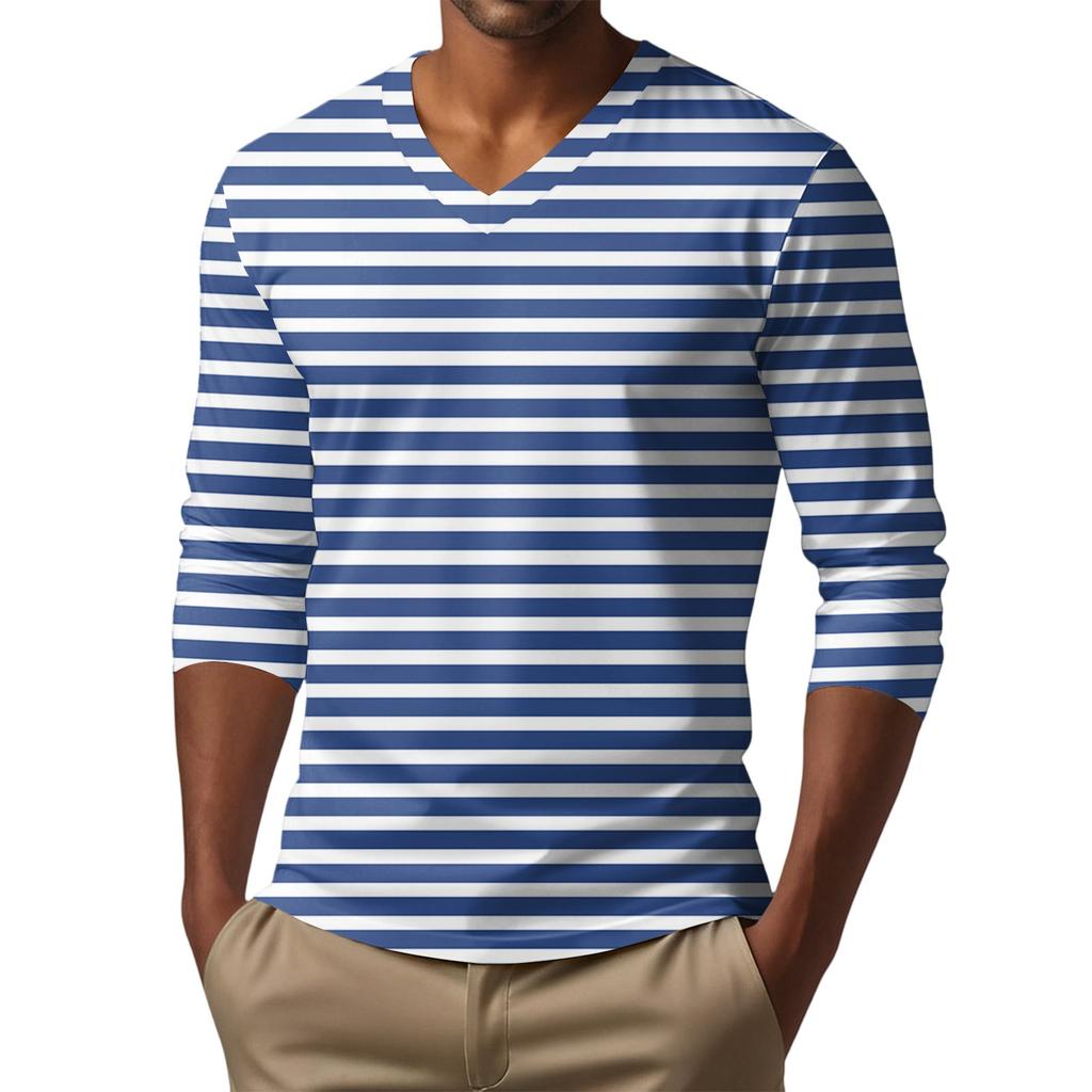 Men's V-neck Casual Fashion Printed Long-sleeved T-shirt Top