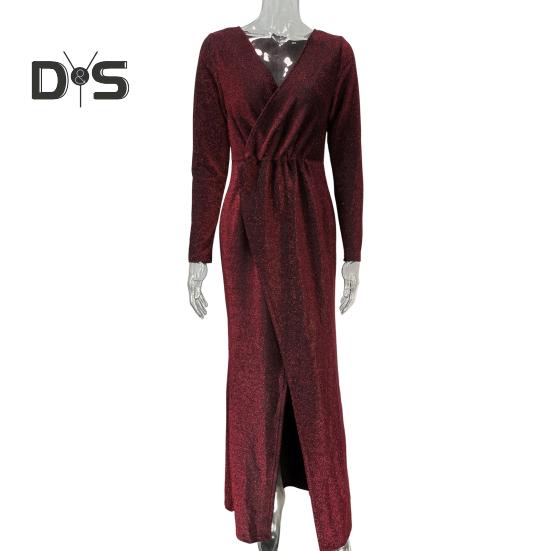Abendkleid für Damen, tiefer V-Ausschnitt, Pailletten-Dekor, lange Ärmel, elastische Taille, plissiert, geteilter Saum, einfarbig, formelle Anlässe, Hochzeit, Party, Abschlussball, Maxikleid