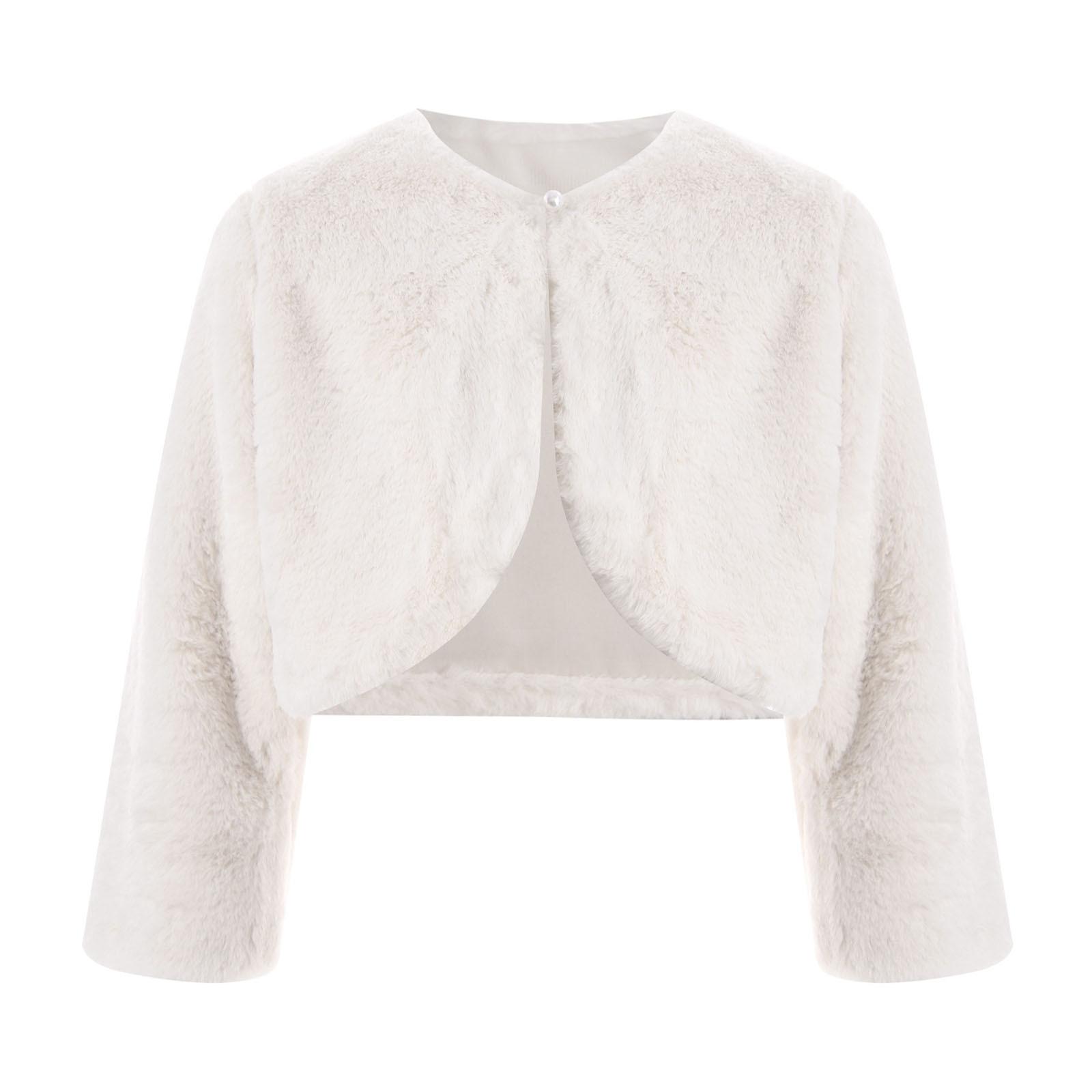 

Болеро-накидка з штучного хутра для дівчаток з довгим рукавом, відкритого фасону, укорочений верхній одяг для проходної погоди білий