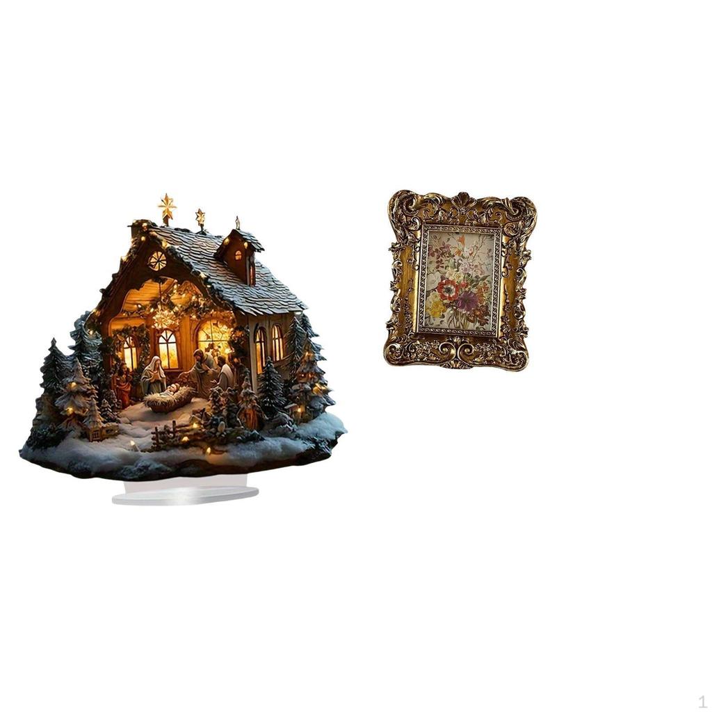 Nativity Scene Sculpture 2D Acrylic Ornament Standing Retro Photo Frame Ornate Wall Hanging