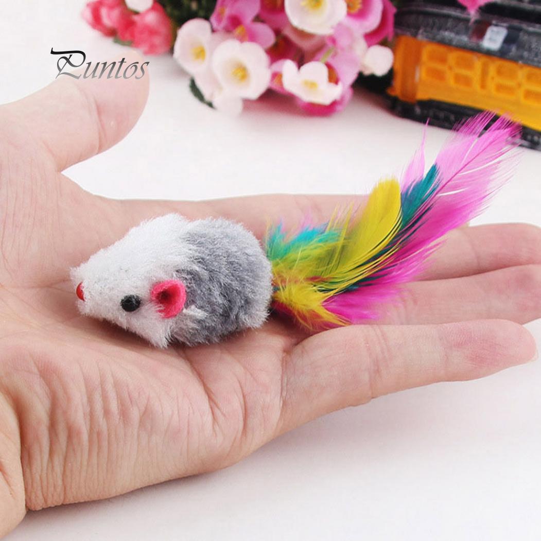 Флисовые мышки с хвостом из натуральных перьев для кошек. 10 штук в упаковке — фото 4