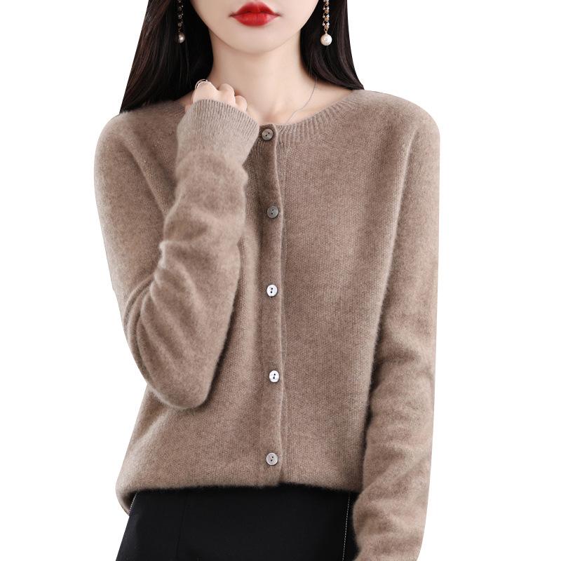 Women's Round Neck Pure Wool Cardigan - Versatile Loose Fit Solid Color Sweater for Spring and Autumn