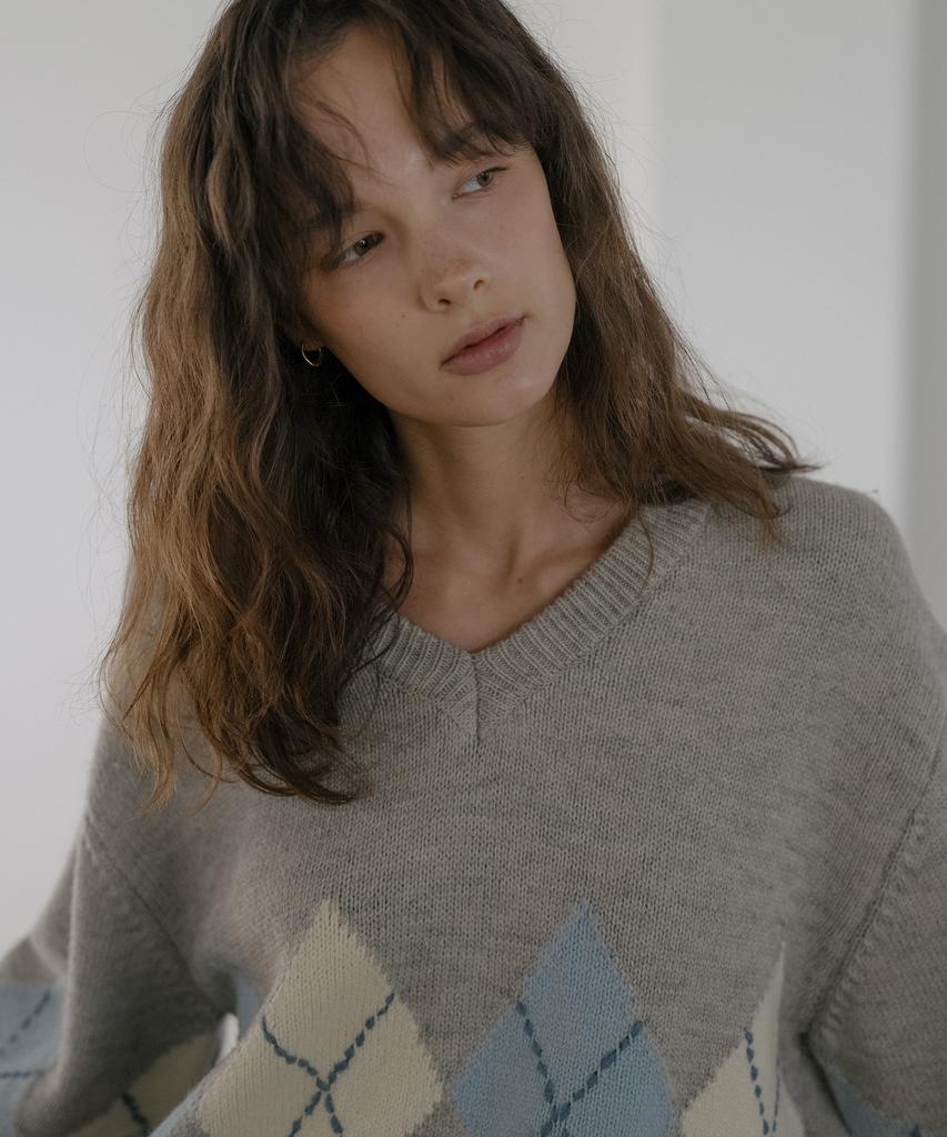TILL I DIE Wool Blended Argyle V-Neck Knit [Tifa06Sw05]_Light Gray