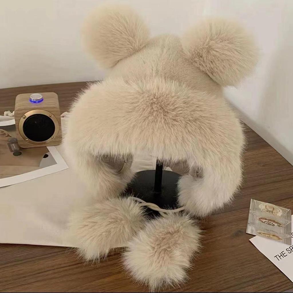 Women's Plush Bear Ear Hat: Cute, Thickened, Fox Fur, Wind & Snowproof Ear Protection