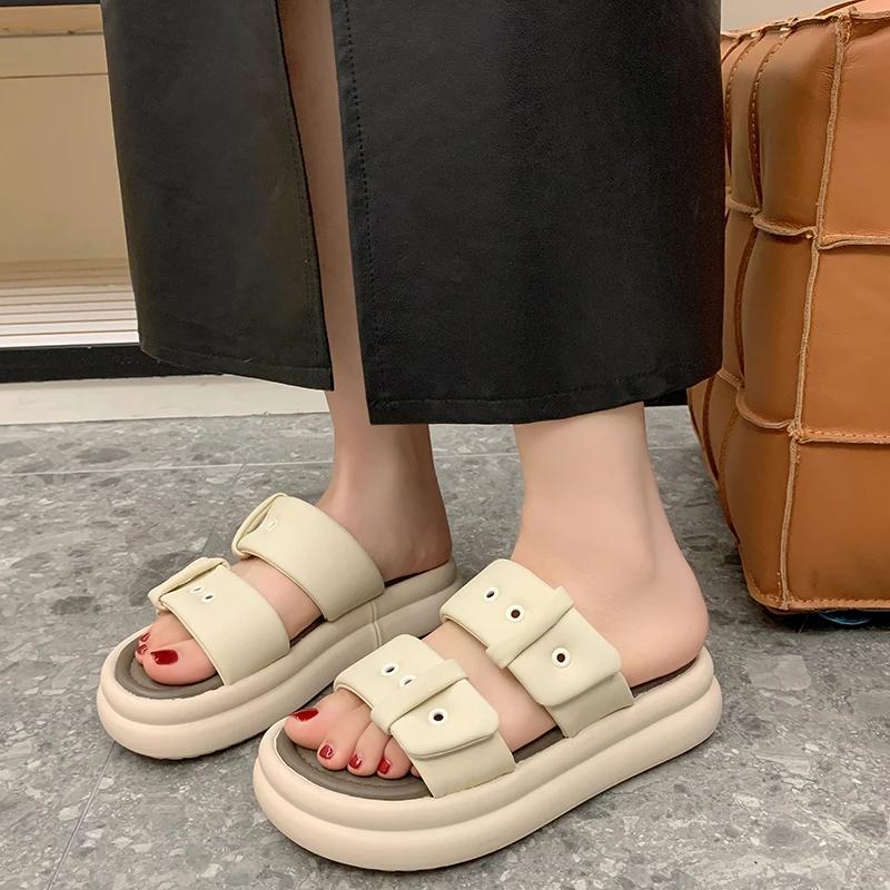 Mode Neue Damen Leichte Schnalle Dicke Sohle Hausschuhe Sommer Slip-On Plateau Pantoletten Weiches EVA Outdoor Plus Niedriger Absatz Schuhe
