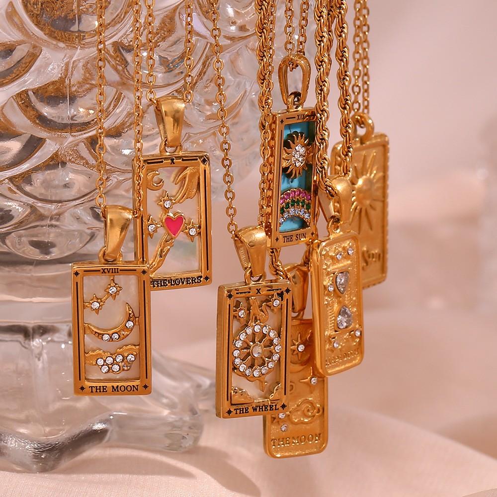 Europe America Ins Fashion Retro Popular Bamboo Stainless Steel Rectangular Drop-Oil Zircon Tarot Card Link Women's Pendant