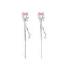 Sweet Pink Zircon Heart Earrings with S925 Silver Needle and Long Tassel Bow Design