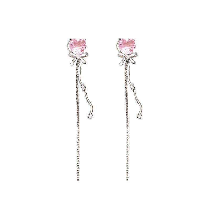 Sweet Pink Zircon Heart Earrings with S925 Silver Needle and Long Tassel Bow Design