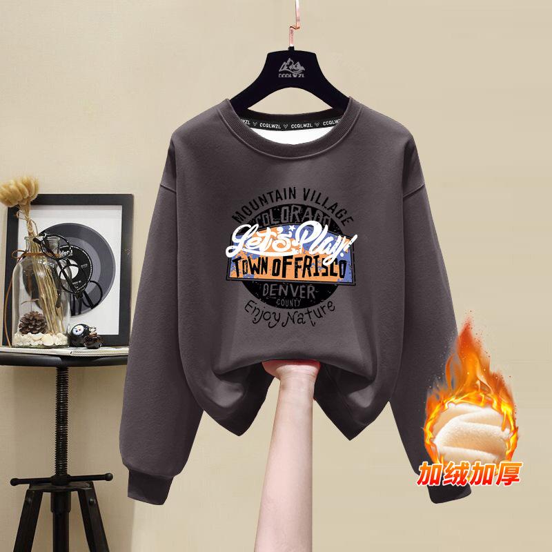 Factory wholesale pure cotton sweater women's new winter velvet thickened round neck loose letter t-shirt