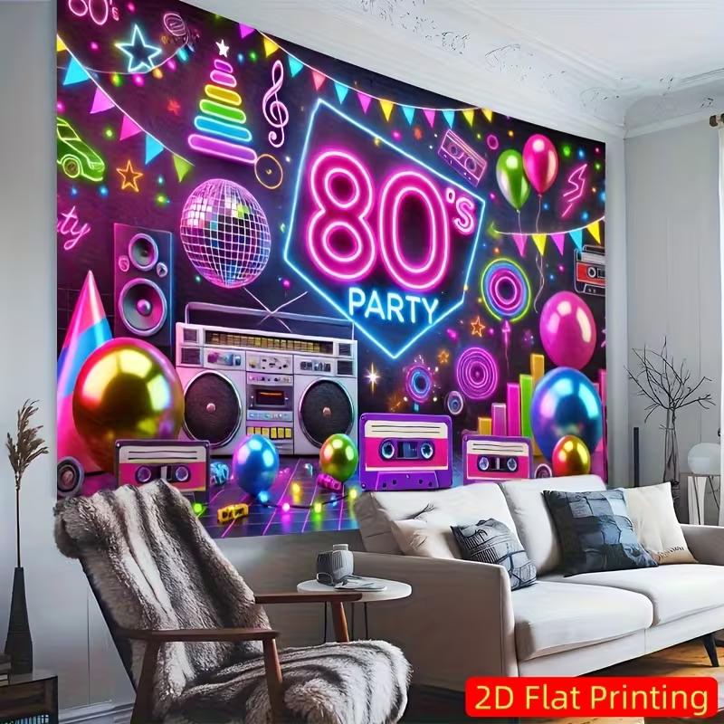 2D 80er Jahre Party Banner, Neon Boombox & Discokugel Hintergrund