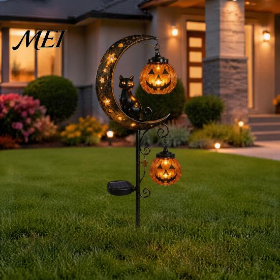 Doces ou Travessuras Acentos para Jardim Externo Halloween Luminária Solar de Estaca para Jardim, Gato Preto Abóbora na Lua Crescente com Lanterna Pendurada para Decoração de Caminho Assustador,