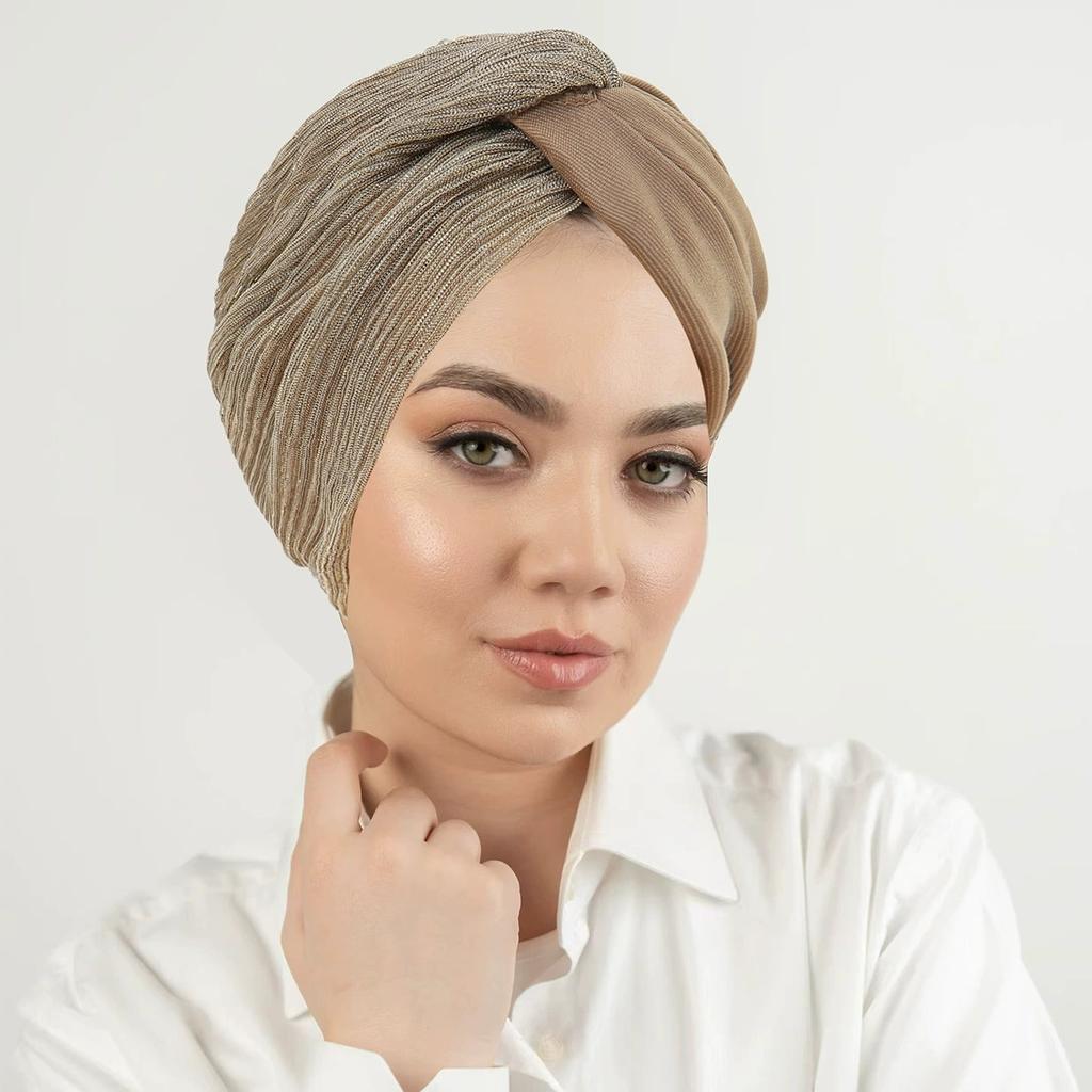 Ombre Gradient Forehead Cross Turban Cap for Women Lightweight Elastic Head Wrap with Inner Hijab Hat Casual Wear Chemo Patients