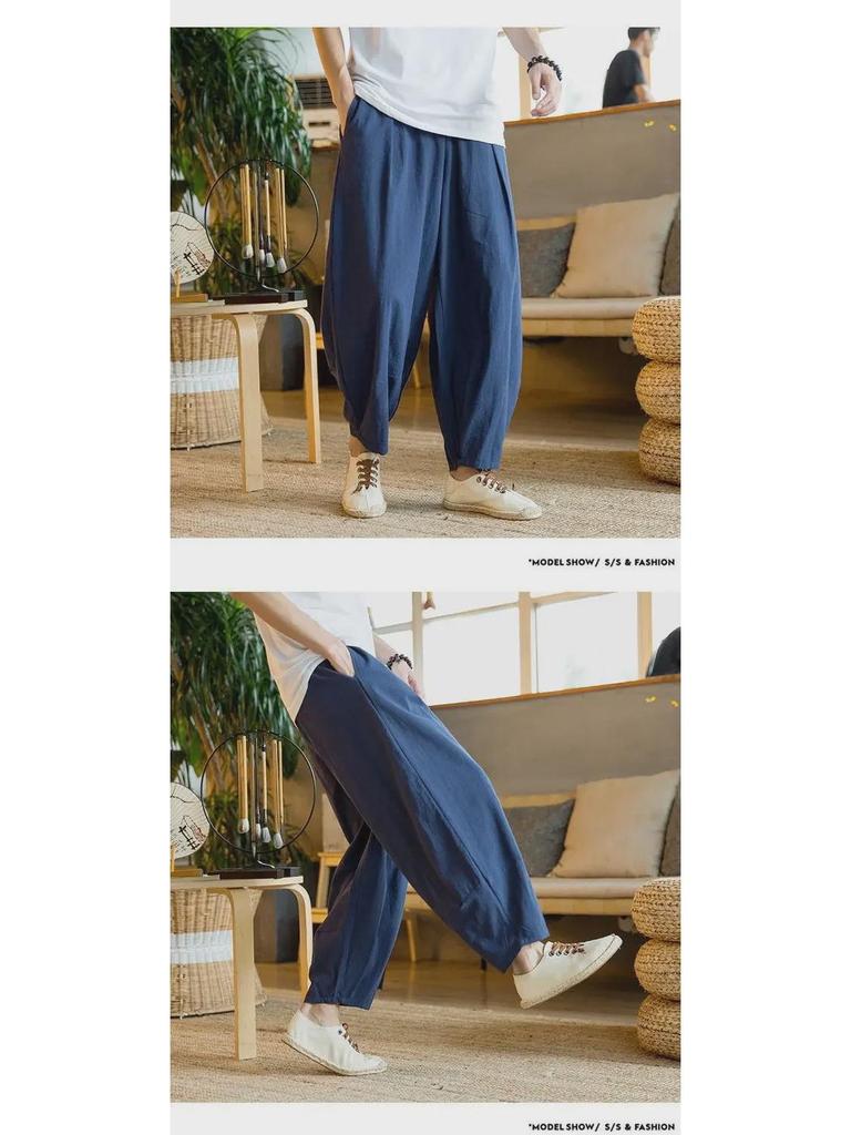 Men's National Trend Loose Harem Pants: Cotton & Linen, Plus Size, Wide Leg, Spring/Summer Casual Wear