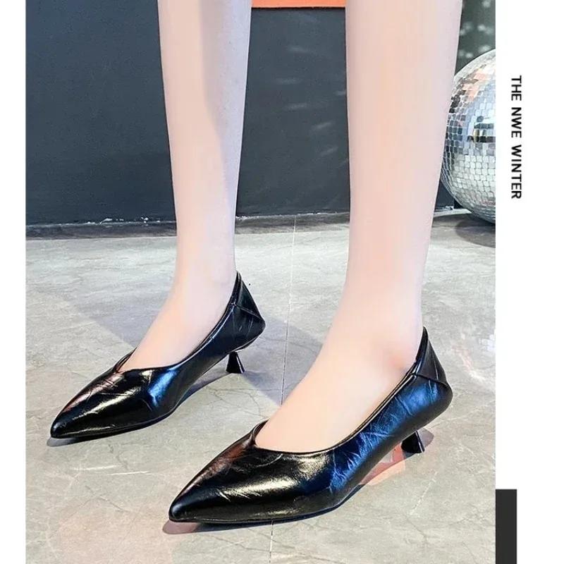New Women's Boat Shoes Pointed Toe Pumps Kitten Heel Dress Shoes Silver Office Work Shoes for Female Black Spring Autumn