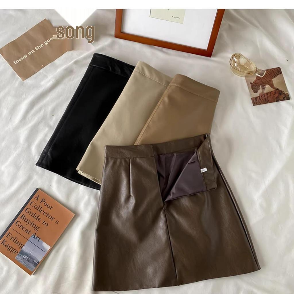 Autumn/Winter 2023 Women's PU Leather A-Line Skirt - High Waist, Slim Fit, Knee-Length, Casual Korean Style