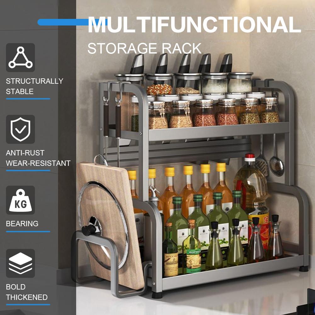 2/3 Layer Seasoning Organizer Carbon Steel Seasoning Bottle Rack with 4 Hooks Countertop Organizer Multi-Function for Kitchen