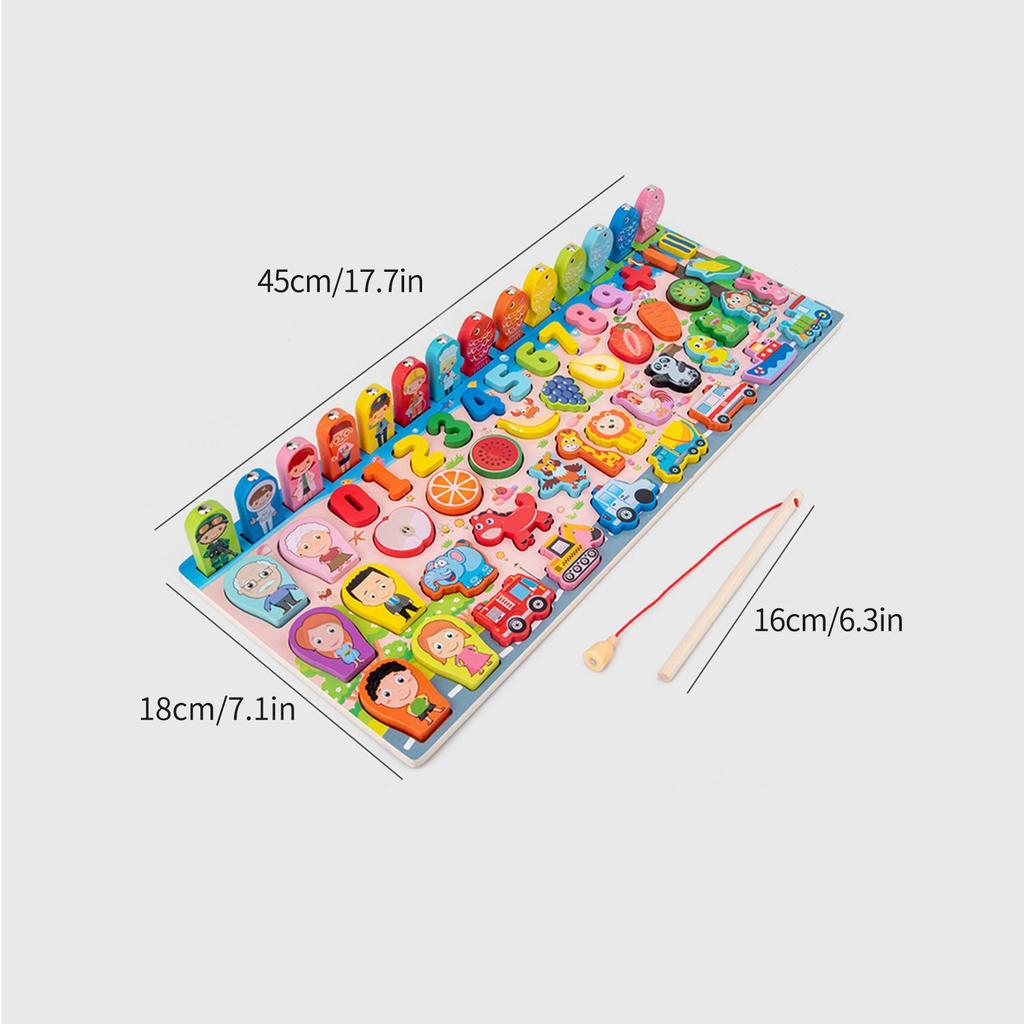 Wooden Number Puzzle Shape Sorter Counting & Matching Game Magnetic Fishing Game Logarithmic Board Montessori Toy for