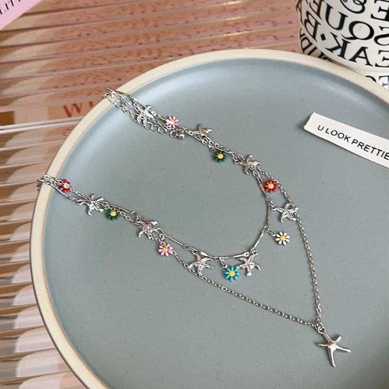 Bohemia Double Layer Daisy Clavicle Chain Necklace for Women Colorful Flower Starfish Pendant Metal Chain Choker Party Jewelry