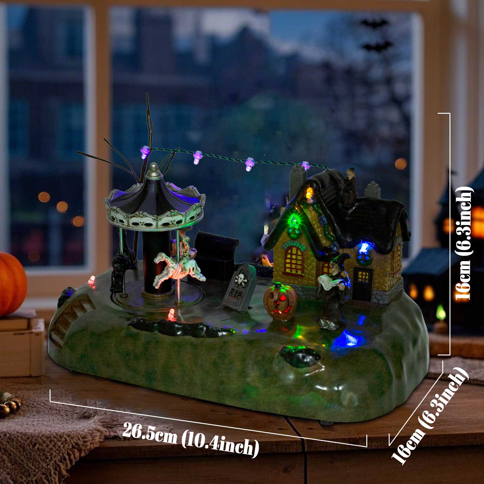 

Spooky Town Halloween Village House Carnival Ride Collection Moving Carousel Music LED Light Indoor Home Fireplaces Desk Decor