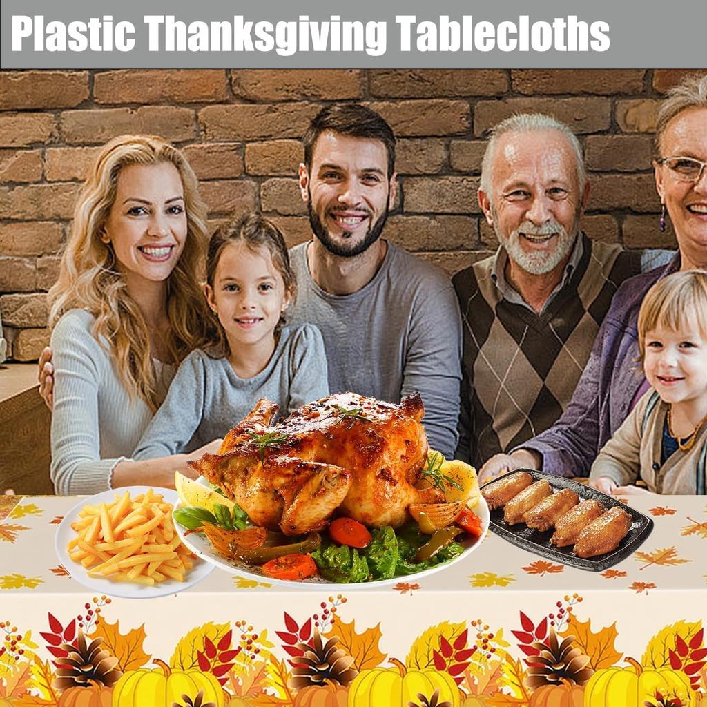 Thanksgiving Tablecloth Disposable - Fall Table Cloths Plastic Pumpkin and Maple Leaf Rectangle Table Cover Thanksgiving Party Decorations, 2 Pack